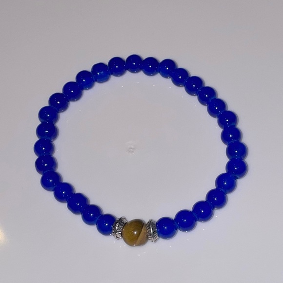 Jewelry - Deep Blue GLASS BEADS Stretch Bracelet with Tiger Eye Accent